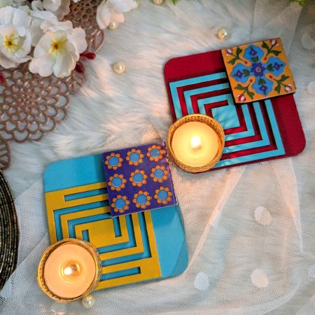 Handcrafted Blue Pottery Design Wooden Tealight Holders Set of 2